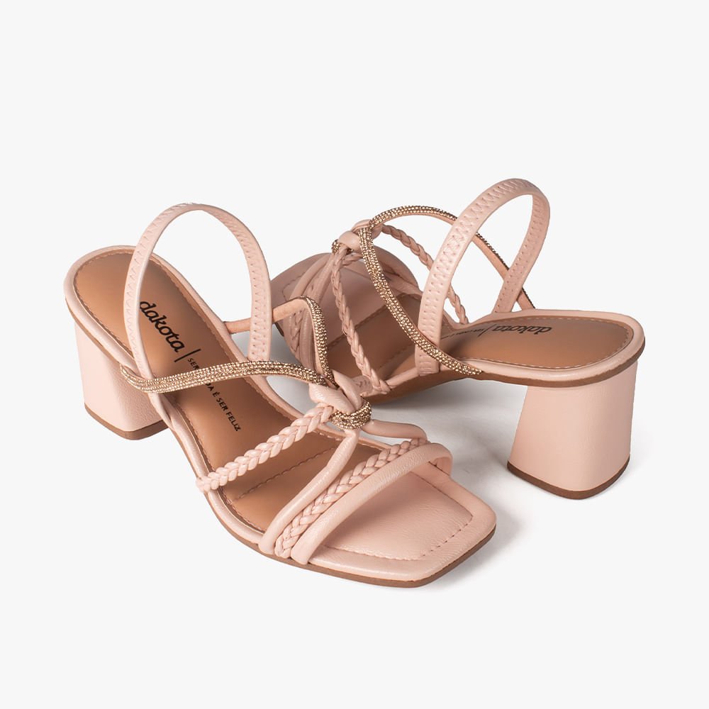 Sandália Salto Bloco Tiras Trança e Brilho Bege 7