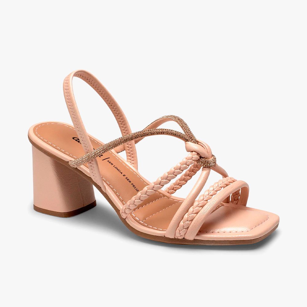 Sandália Salto Bloco Tiras Trança e Brilho Bege 8