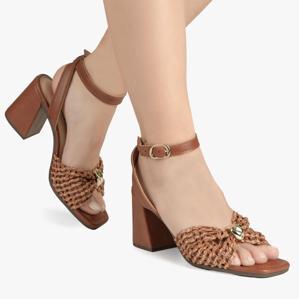 Sandália Tela Salto Bloco Marrom 2