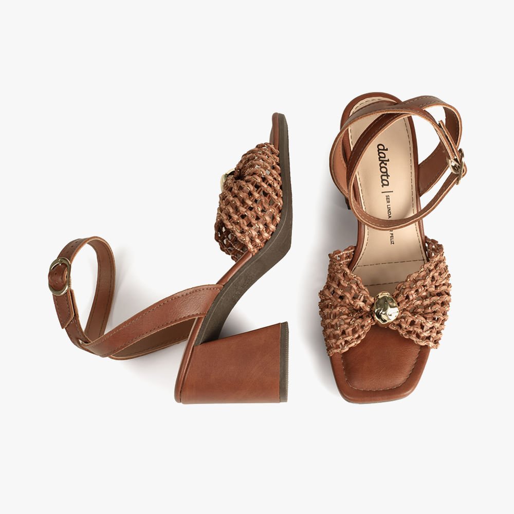 Sandália Tela Salto Bloco Marrom 8