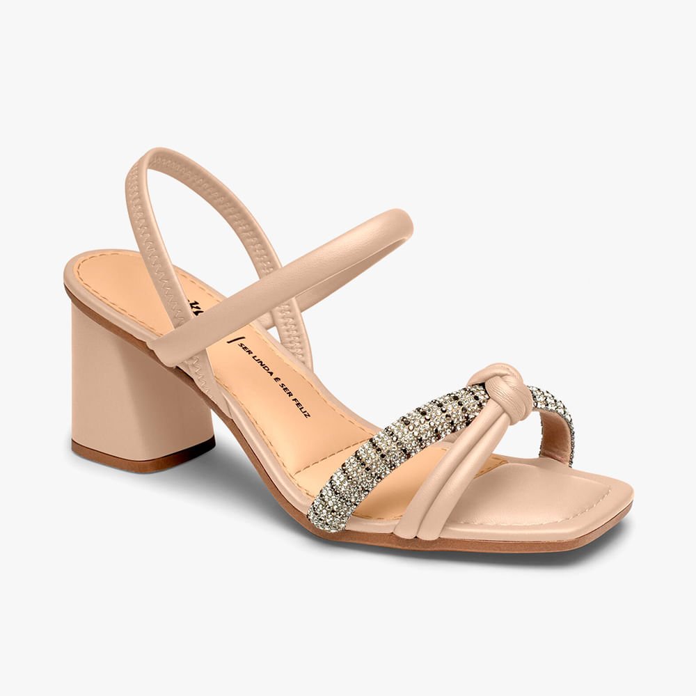Sandália Salto Bloco Tiras Strass e Nó