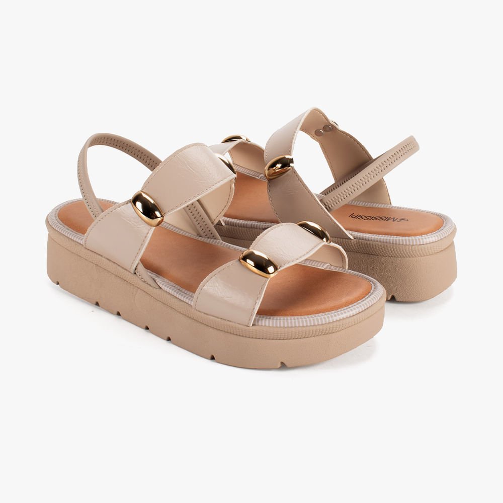 Sandália Flatform com Adornos Dourados Bege 6