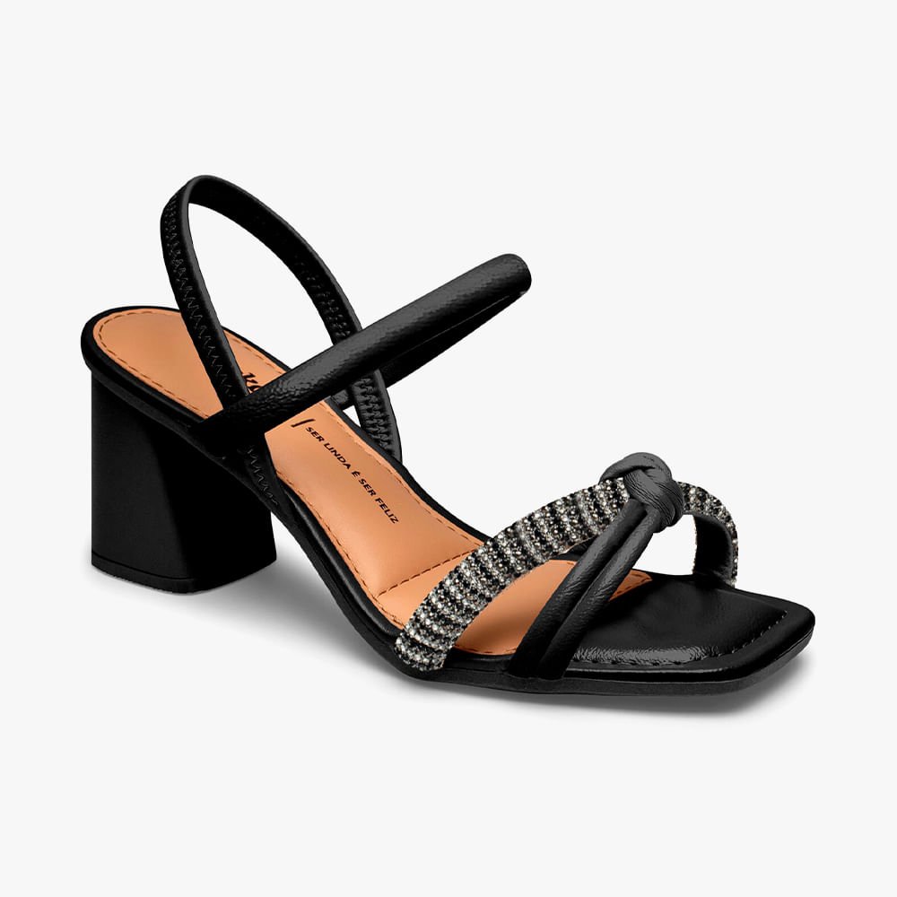 Sandália Salto Bloco Tiras Strass e Nó