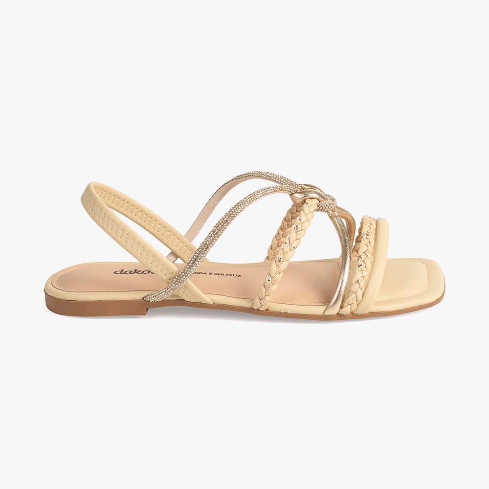Sandália Rasteira Tiras Trançadas e com Brilho Bege 3