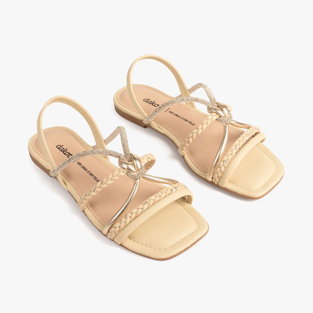 Sandália Rasteira Tiras Trançadas e com Brilho Bege 6