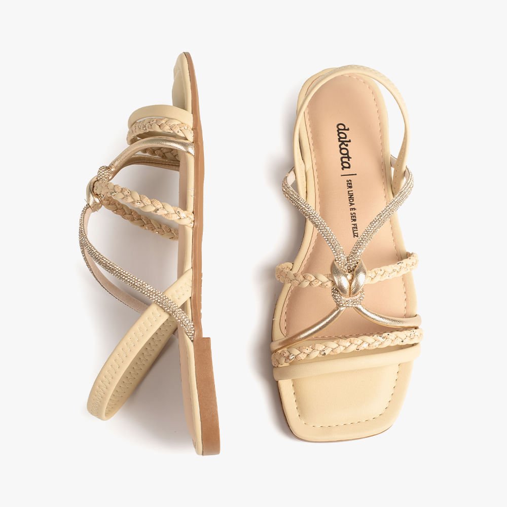 Sandália Rasteira Tiras Trançadas e com Brilho Bege 8