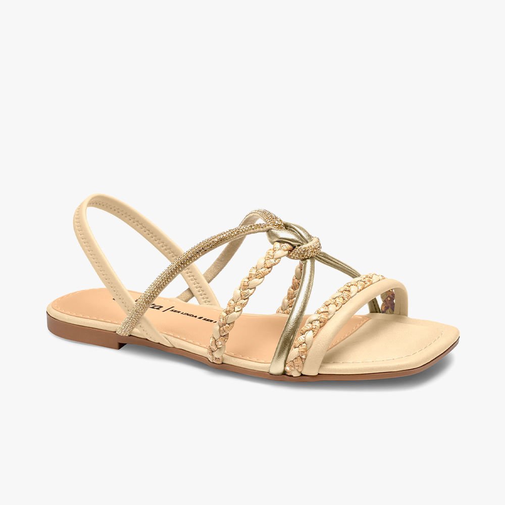 Sandália Rasteira Tiras Trançadas e com Brilho Bege 9