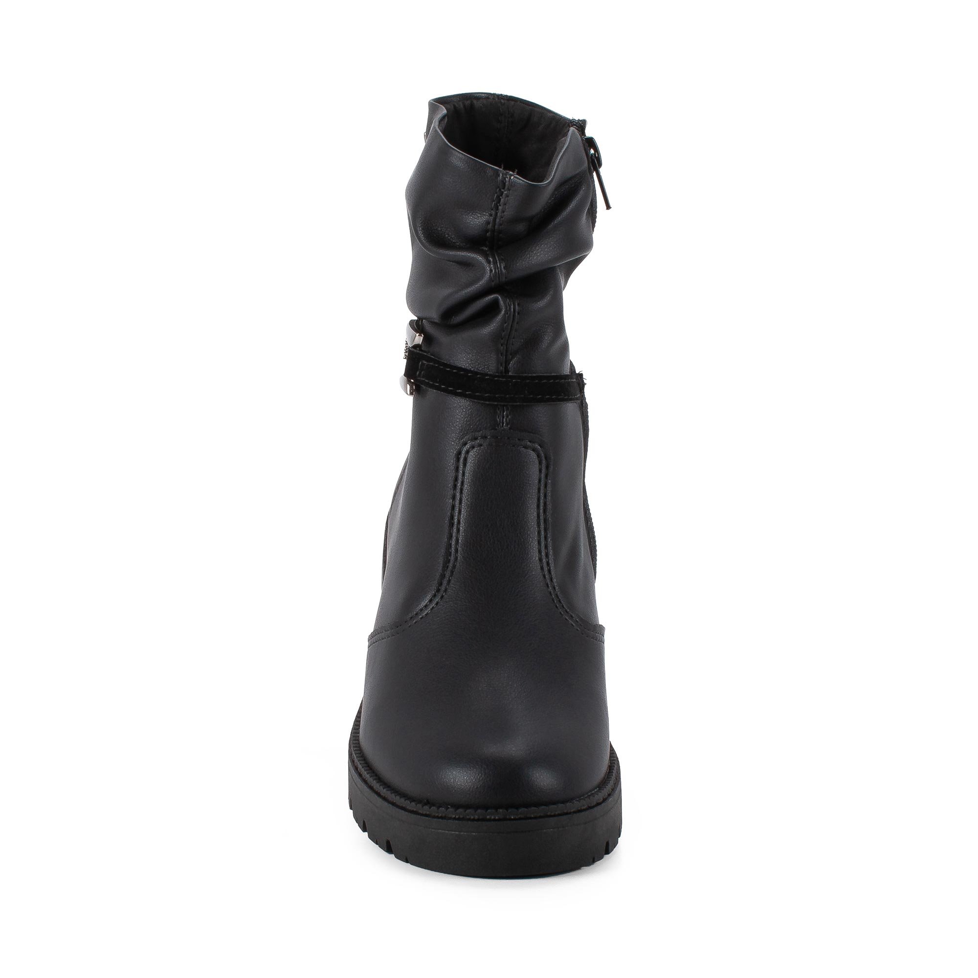 Bota Cano Curto Enrugado com Fivela e Salto Baixo Tratorado Preto 7