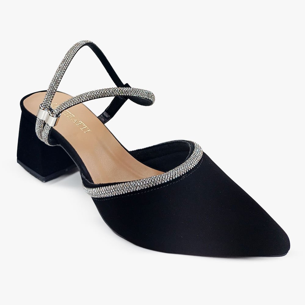 Scarpin Slingback Tiras com Brilho e Salto Grosso Preto 2