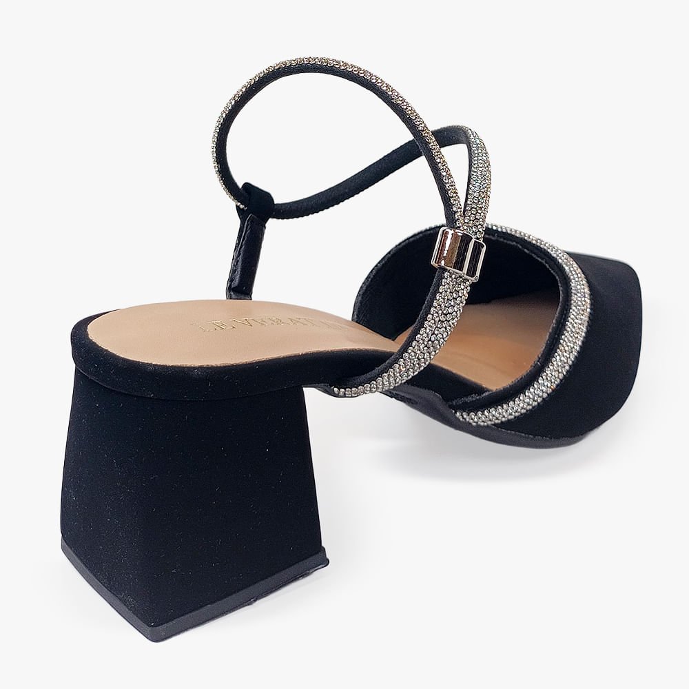 Scarpin Slingback Tiras com Brilho e Salto Grosso Preto 3