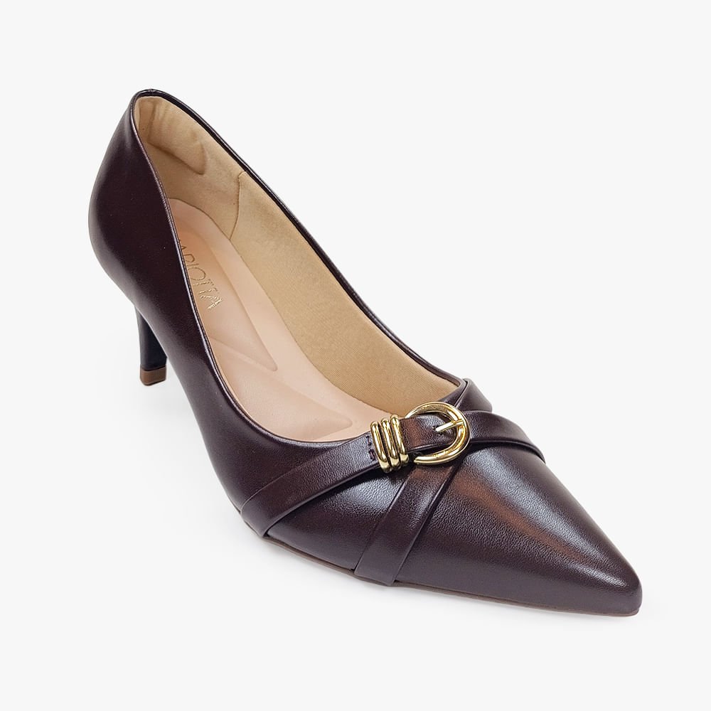 Scarpin Casual Salto Médio Aplicação de Fivela Marrom 2