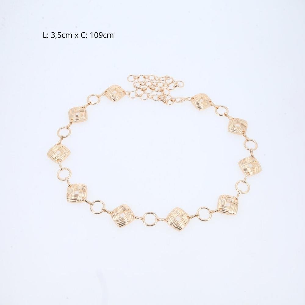 Cinto Feminino Corrente Metal Dourado Detalhes Geométricos Dourado 3