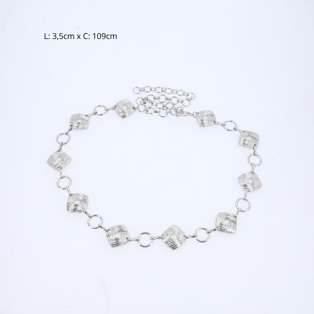 Cinto Feminino Corrente Metal Dourado Detalhes Geométricos Prata 3