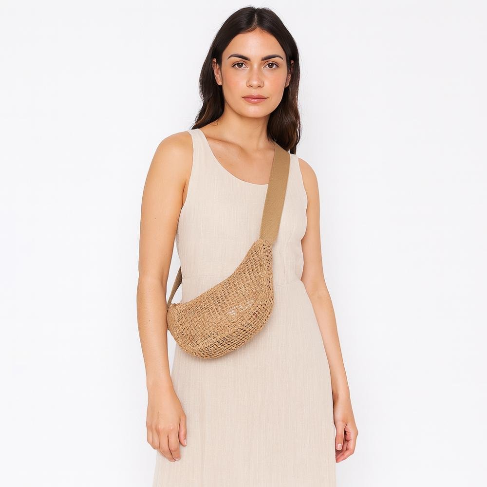 Bolsa Baguete Feminina Transversal de Palha Bege 5