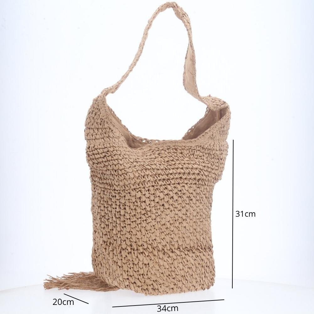 Bolsa de Praia Grande em Palha com Franjas Caramelo 4