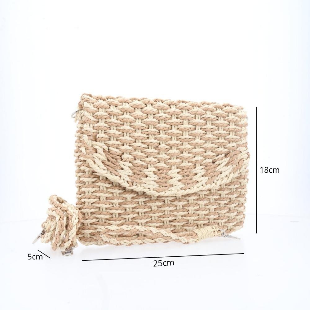 Bolsa de Palha Transversal Estilo Praia com Trama Bicolor Bege 4