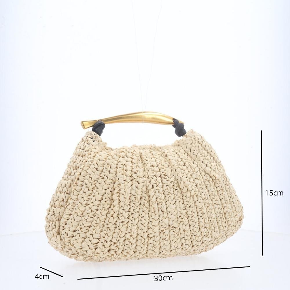 Bolsa de Ráfia Feminina – Modelo com Alça Dourada Rígida Areia 3