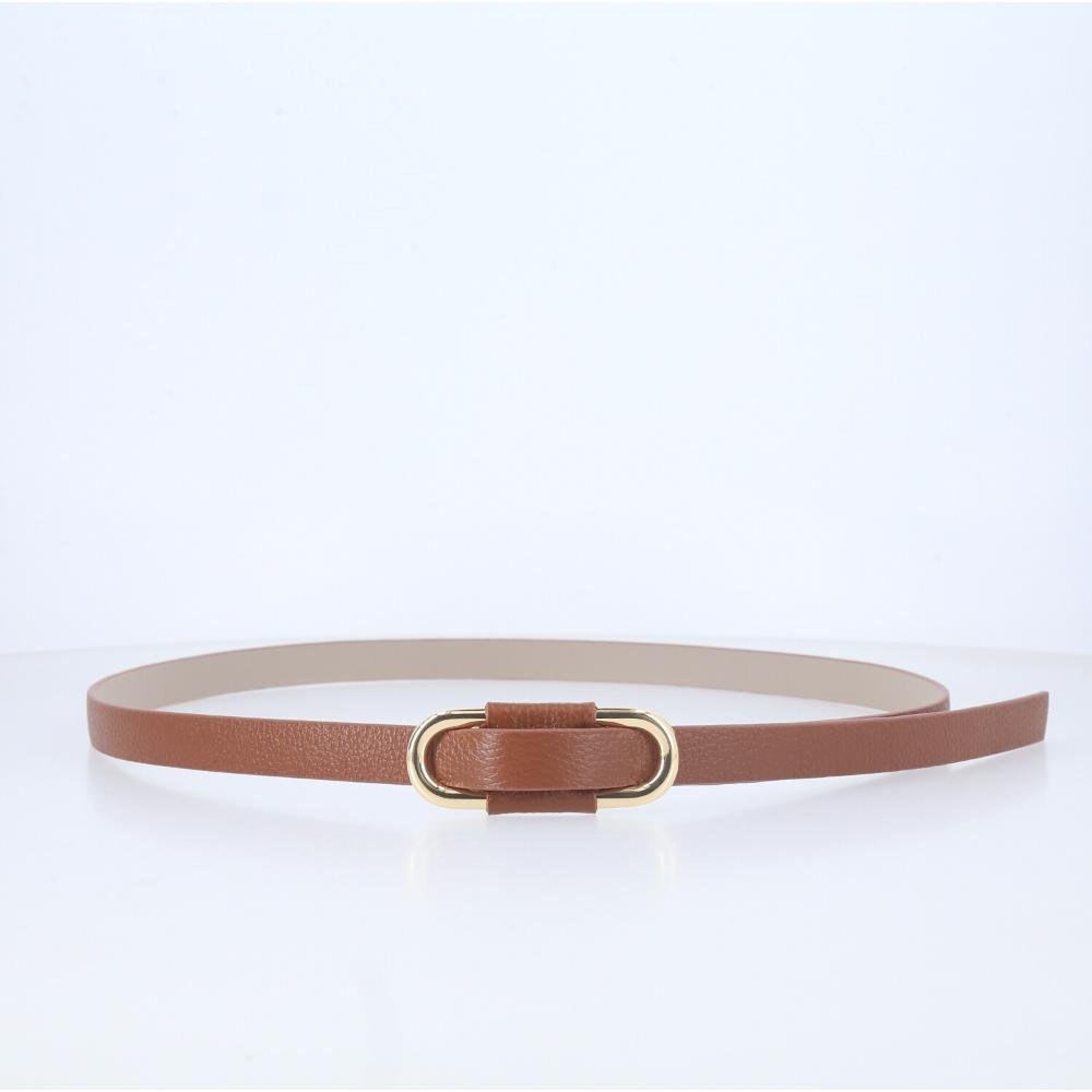 Cinto de Couro com Fivela Oval Metalizada Caramelo 2
