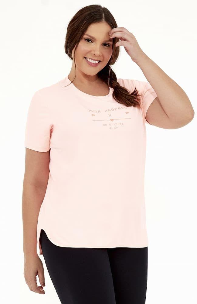 T Shirt Alto Giro Skin Fit Inspiracional Plus Size Rosa 