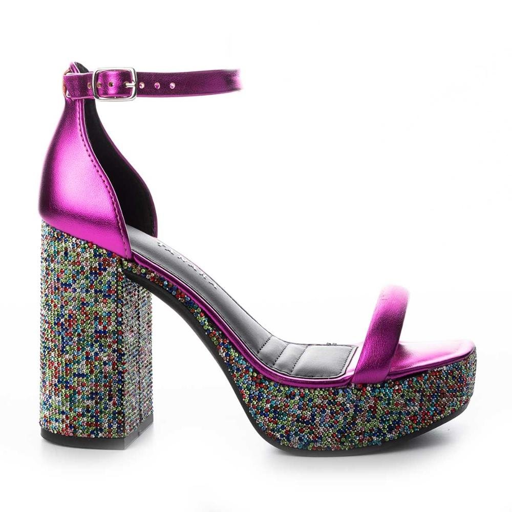 Sandália Tanara Plataforma de Salto Bloco Com Pedrarias Rosa 1