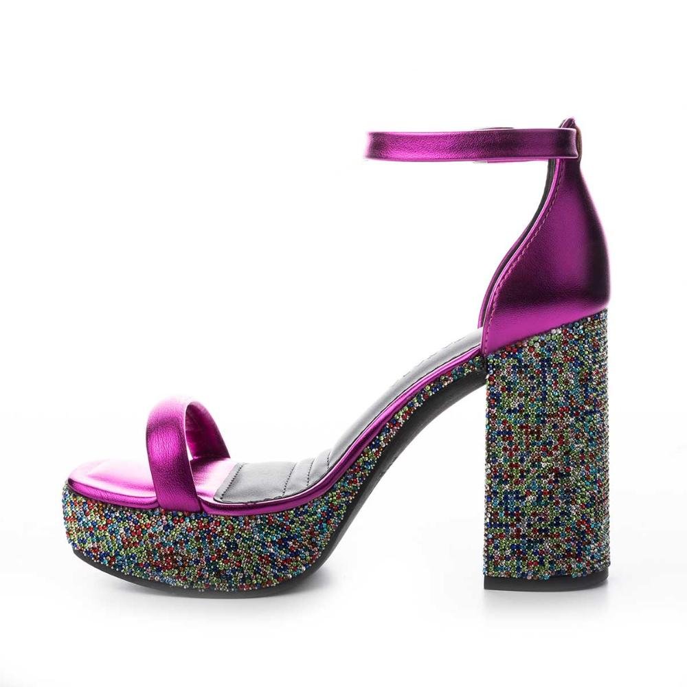 Sandália Tanara Plataforma de Salto Bloco Com Pedrarias Rosa 4