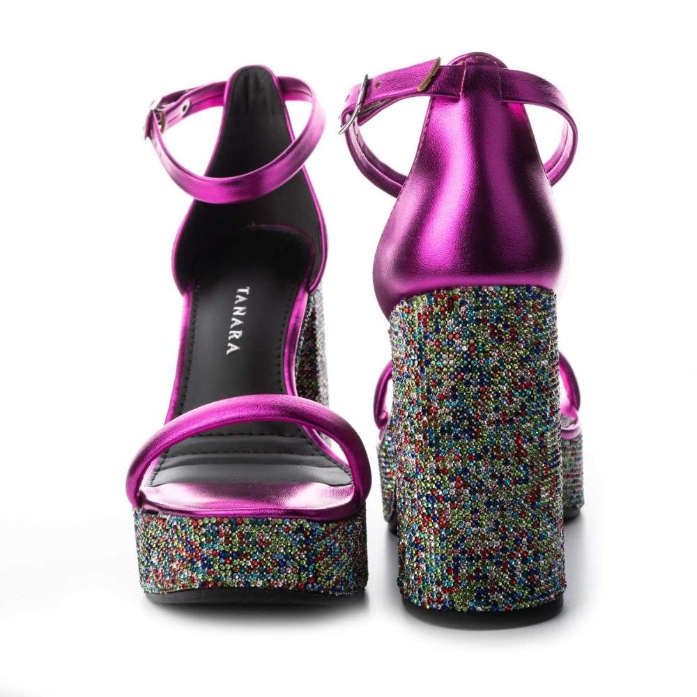 Sandália Tanara Plataforma de Salto Bloco Com Pedrarias Rosa 6