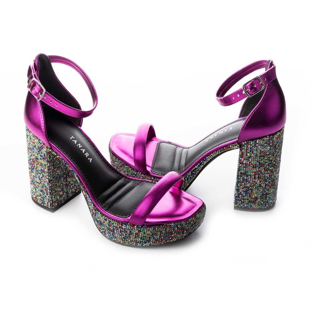 Sandália Tanara Plataforma de Salto Bloco Com Pedrarias Rosa 8