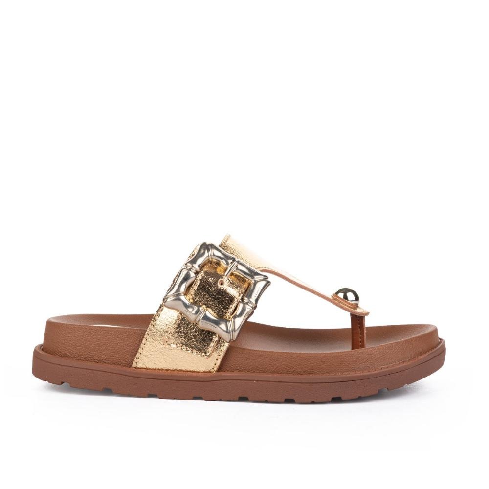 Chinelo Tanara Em Couro Flatform Metalizado T8762 Dourado 1