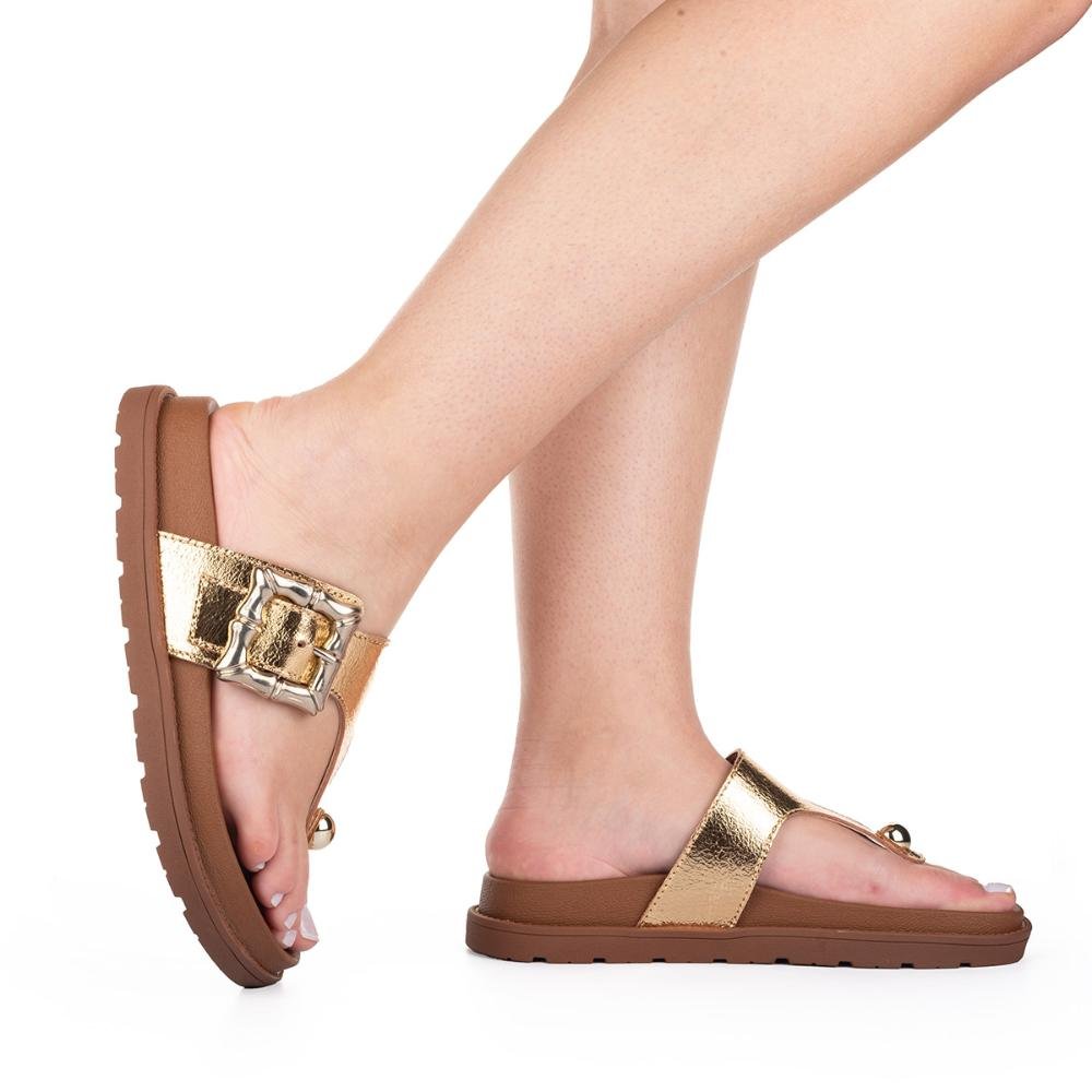 Chinelo Tanara Em Couro Flatform Metalizado T8762 Dourado 2