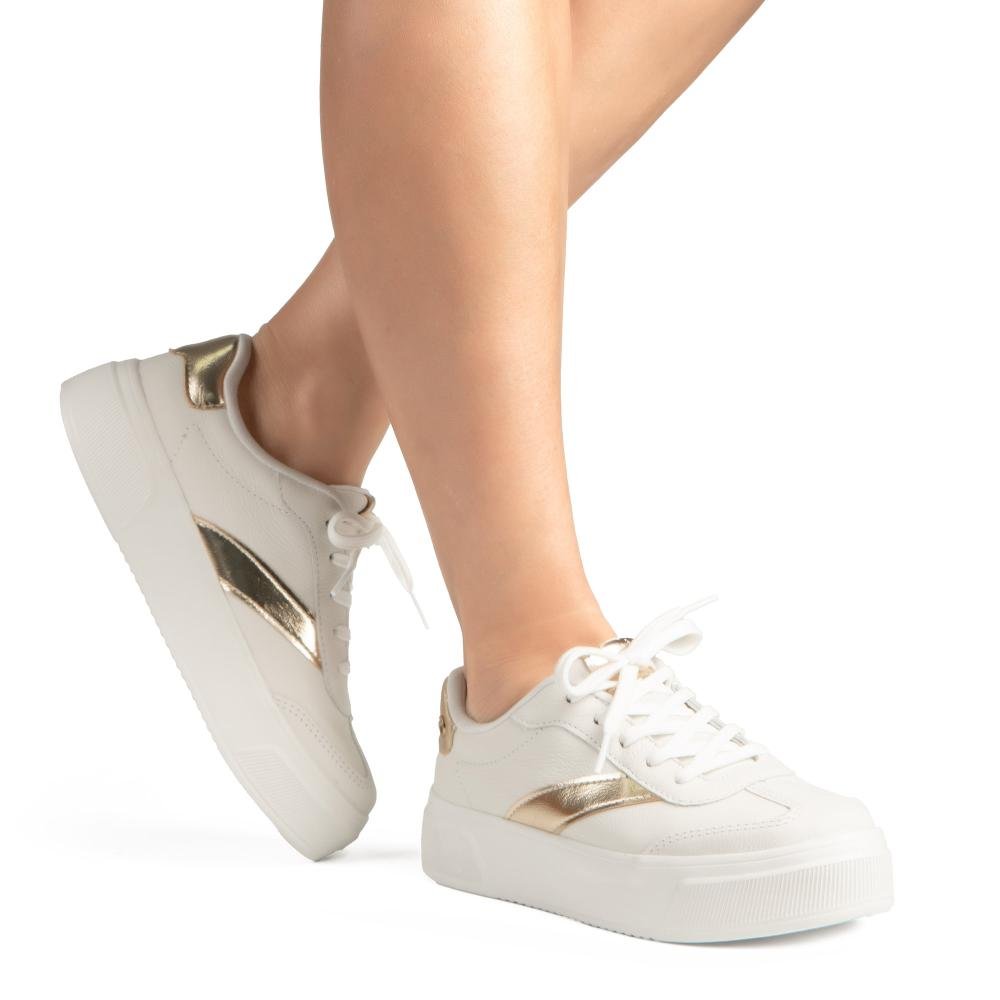 Tênis Kolosh Casual Flatform Em Couro Feminino C3542A Branco/Dourado 2