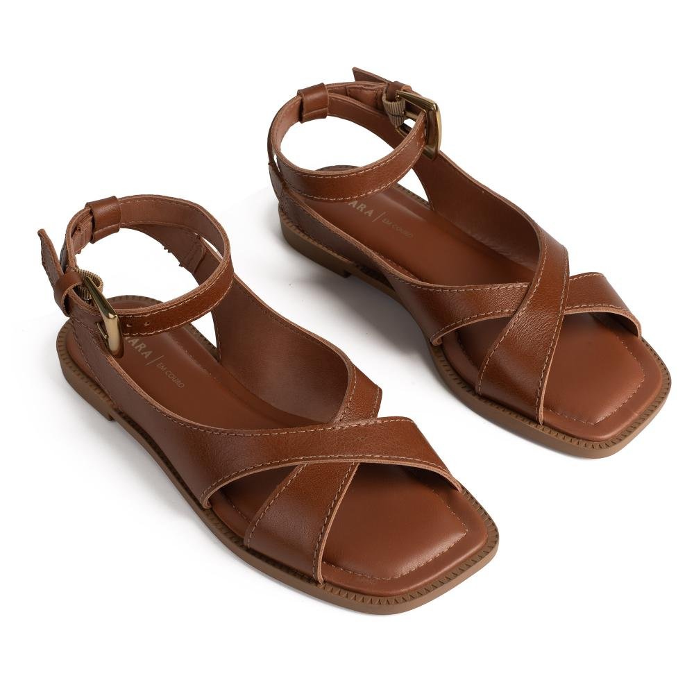 Sandália Tanara Rasteira Em Couro Feminina T9173 Marrom 6