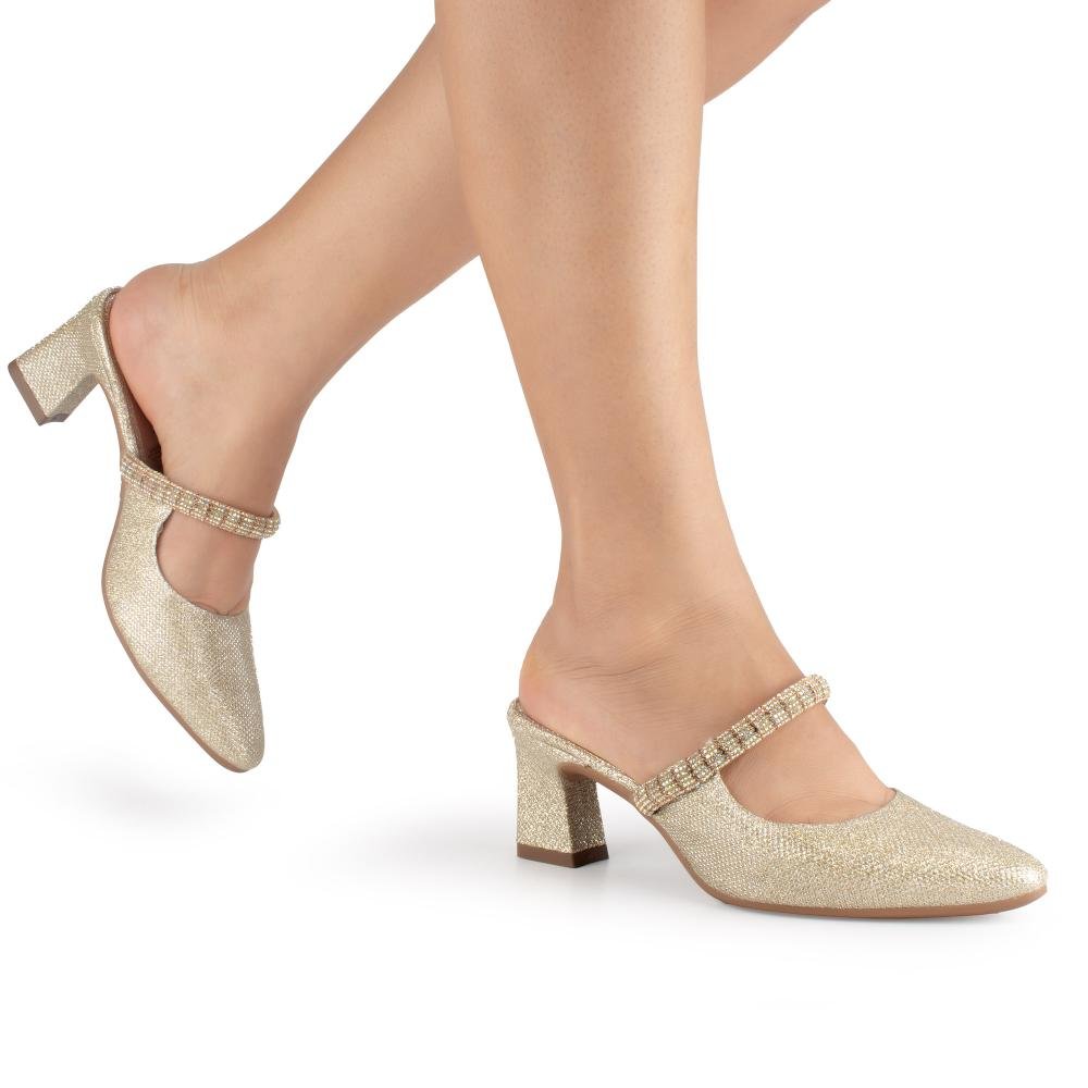 Mule Mississipi de Salto Bloco Metalizado Feminino MF872 Dourado 2