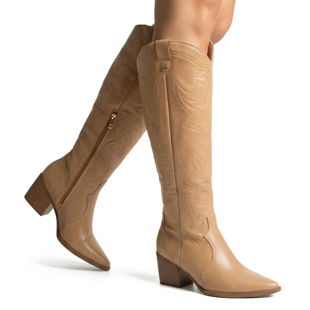 Bota Tanara Western Em Couro Feminina T9631 Bege 2