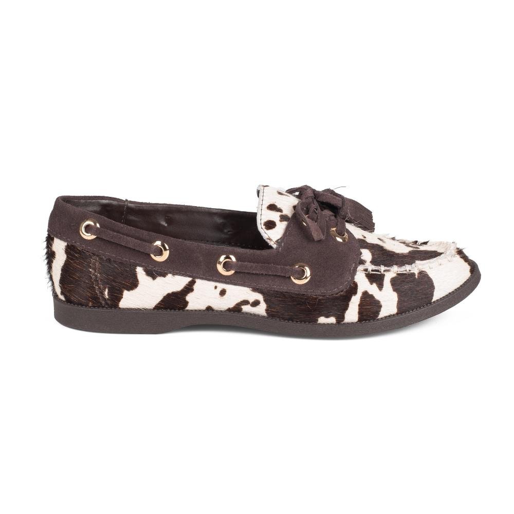 Mocassim Tanara Em Couro Animal Print Feminino T9492 Branco/Marrom/ 3