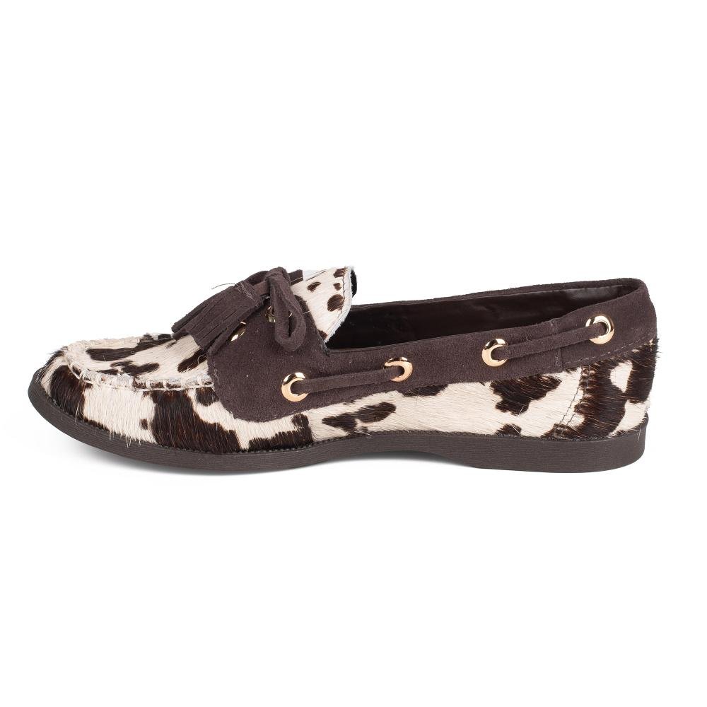 Mocassim Tanara Em Couro Animal Print Feminino T9492 Branco/Marrom/ 4