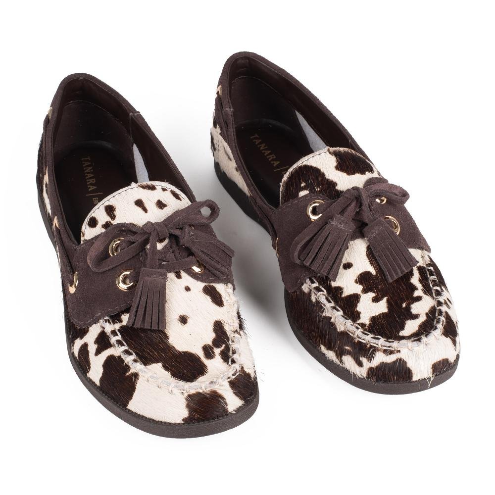 Mocassim Tanara Em Couro Animal Print Feminino T9492 Branco/Marrom/ 6
