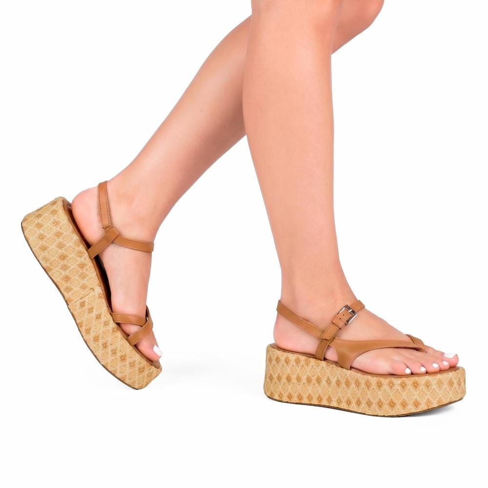 Sandália Tanara Flatform Em Couro Feminina T9732 Caramelo 2