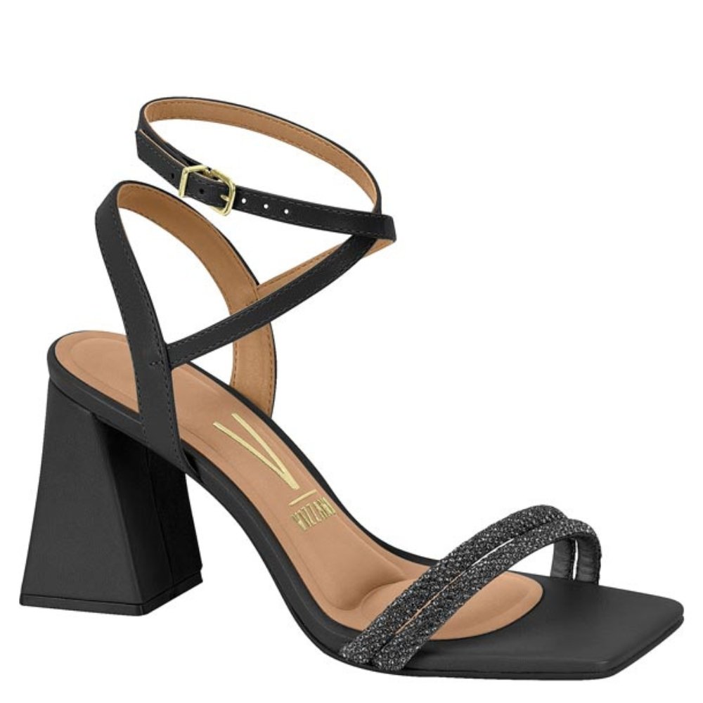 Sandália Feminina Vizzano Salto Grosso Strass Macio Preto