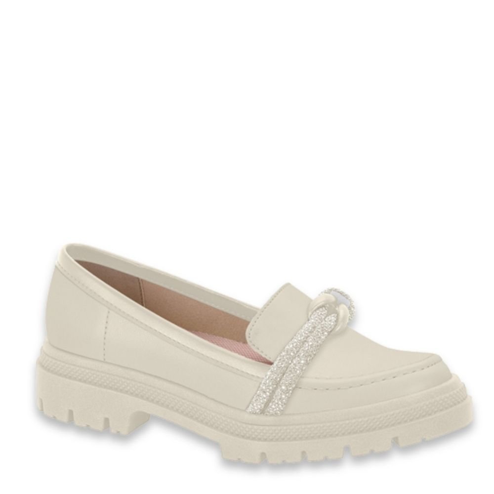 Sapato Feminino Mocassim Brilho Tratorado Moleca 5775.107 Branco 1
