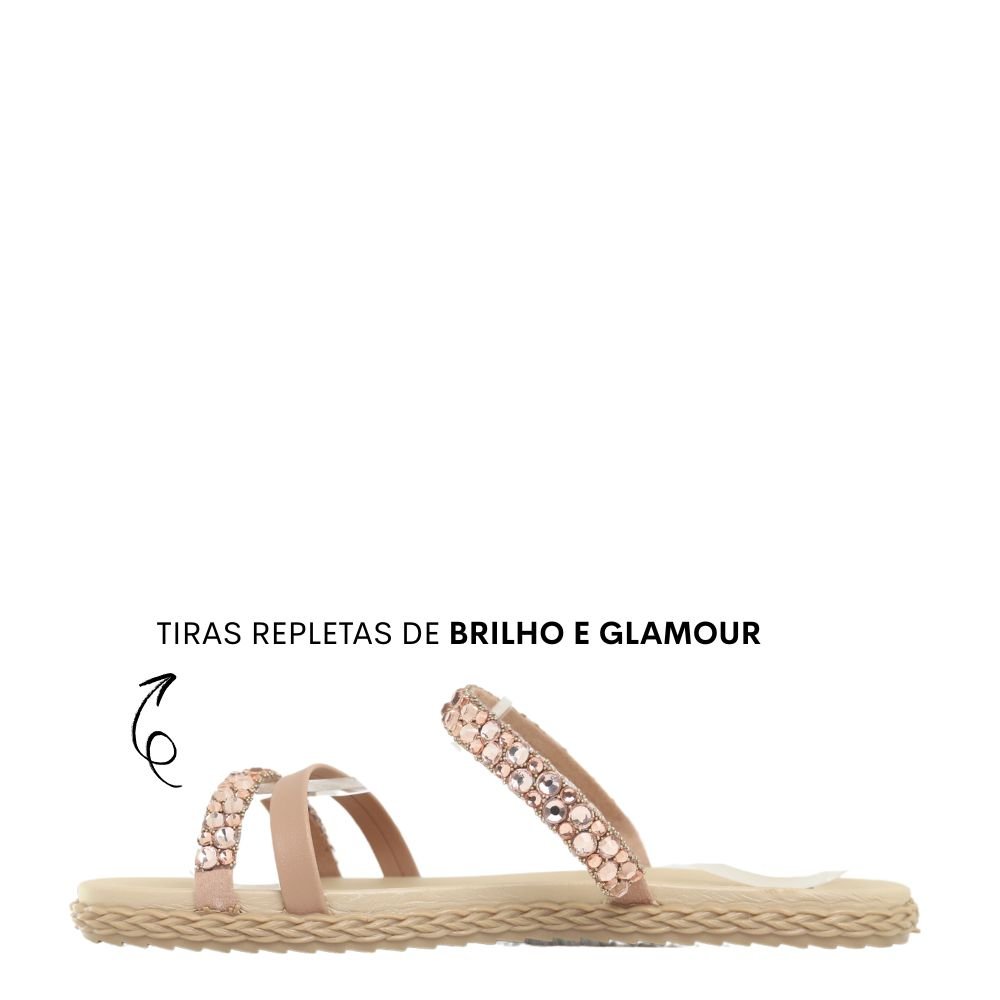 Chinelo Rasteira Feminino Conforto Leve Brilho Tiras Moleca Bege 3