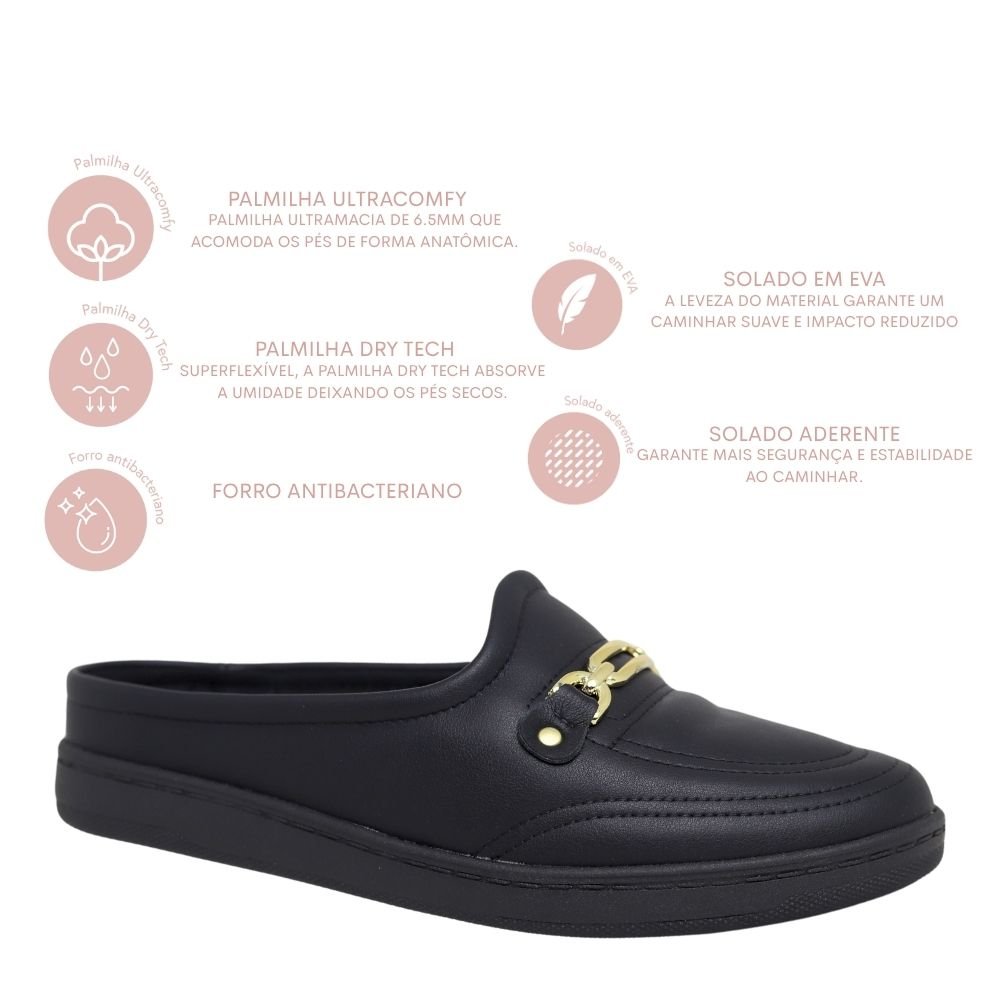 Mule Casual Feminino Mocassim Pingente Conforto 7363.135 Preto 4
