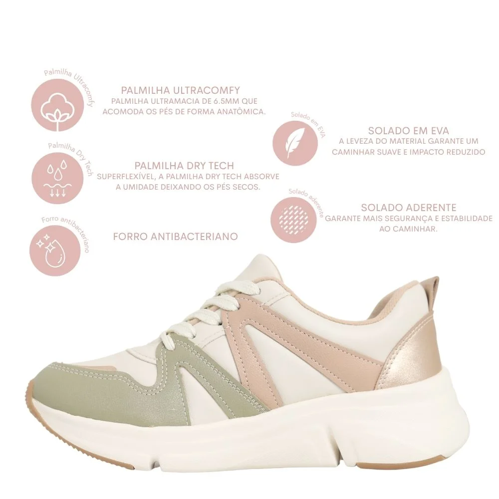 Tênis Feminino Modare Plataforma Casual Confortável 7401.102 Bege/Verde/Rosa 3
