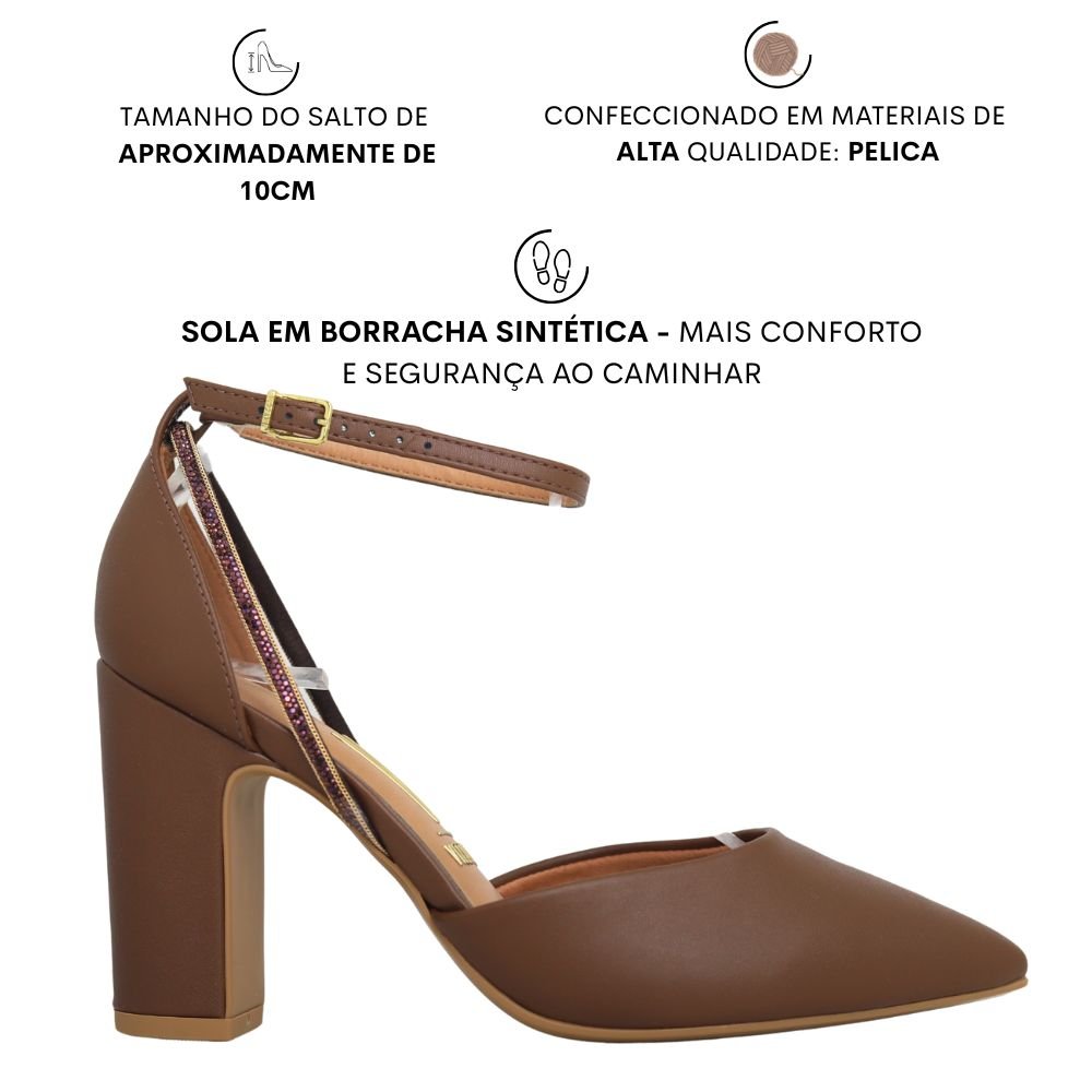 Sapato Social Scarpin Salto Médio Grosso Strass Moda Vizzano Marrom 4