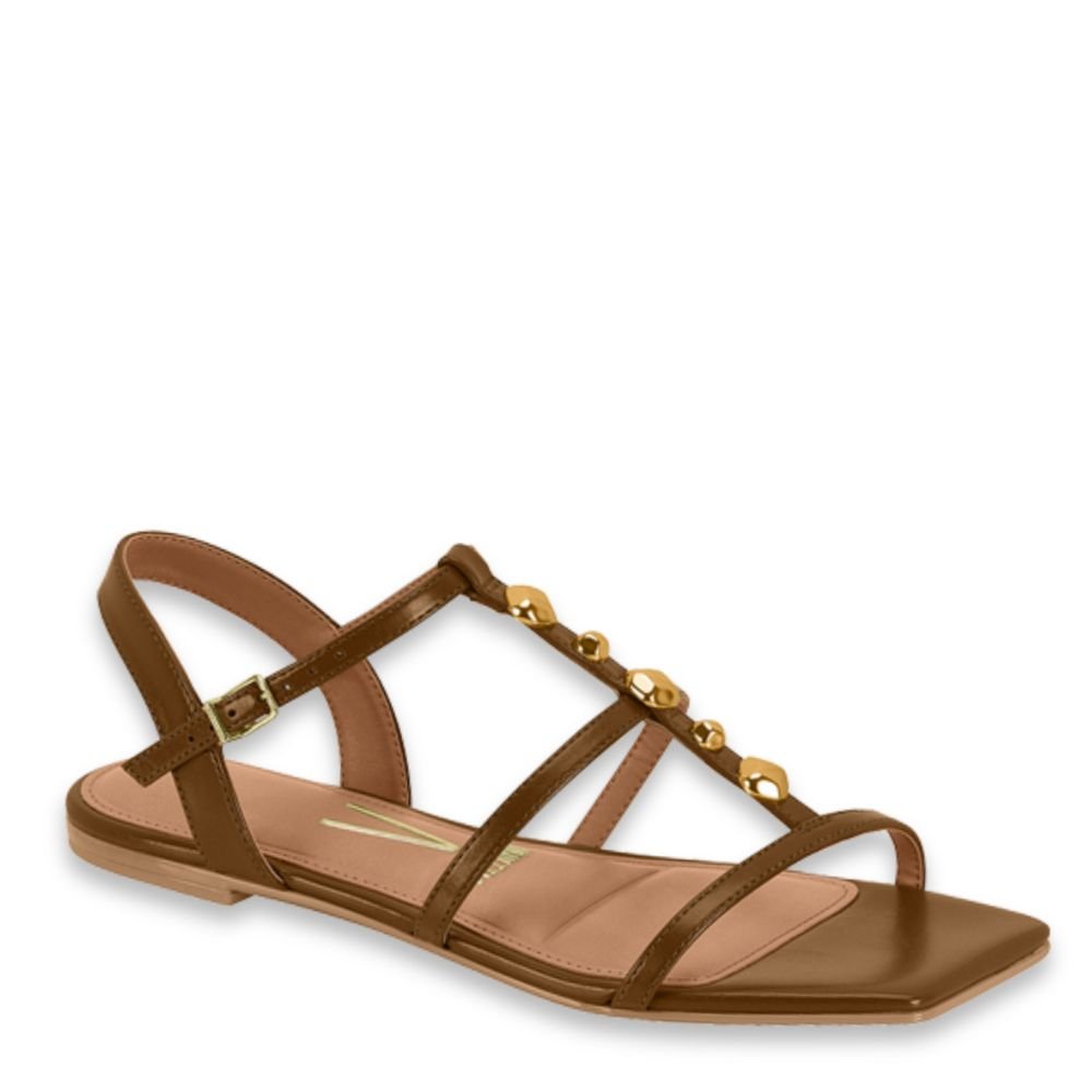 Sandália Feminina Rasteira Vizzano Tiras Pedraria Marrom