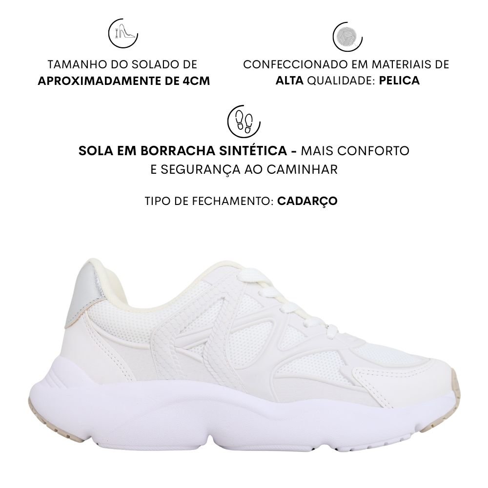 Tênis Feminino Casual Solado Alto Macio Estiloso Confortável Branco/Prata 2