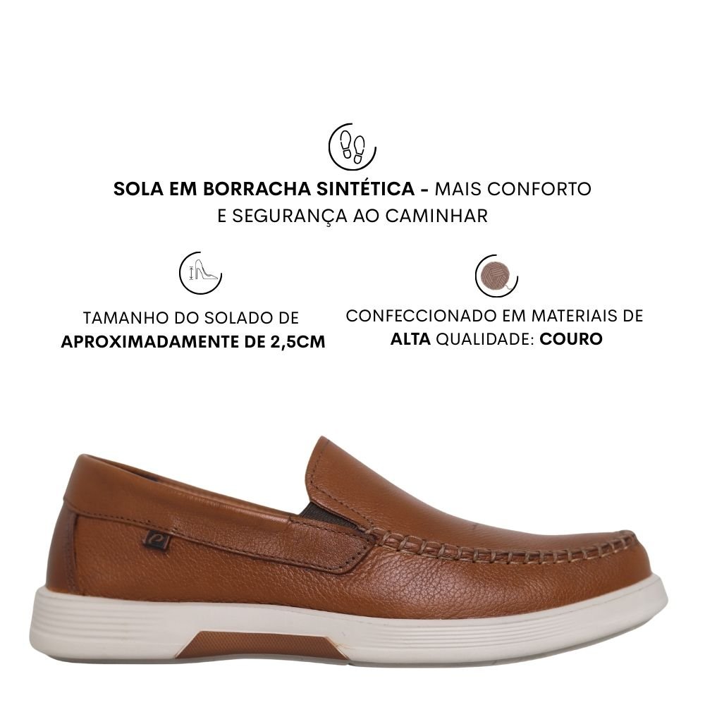 Sapato Masculino Mocassim Calce Facil Couro Pegada 142304 Caramelo 2