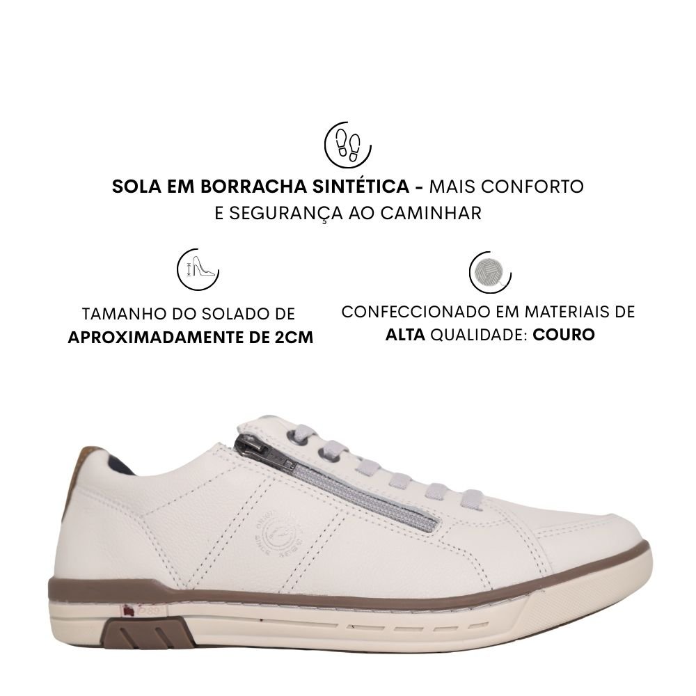 Sapatênis Masculino Confortavel Zíper Couro Pegada 119313 Branco 2