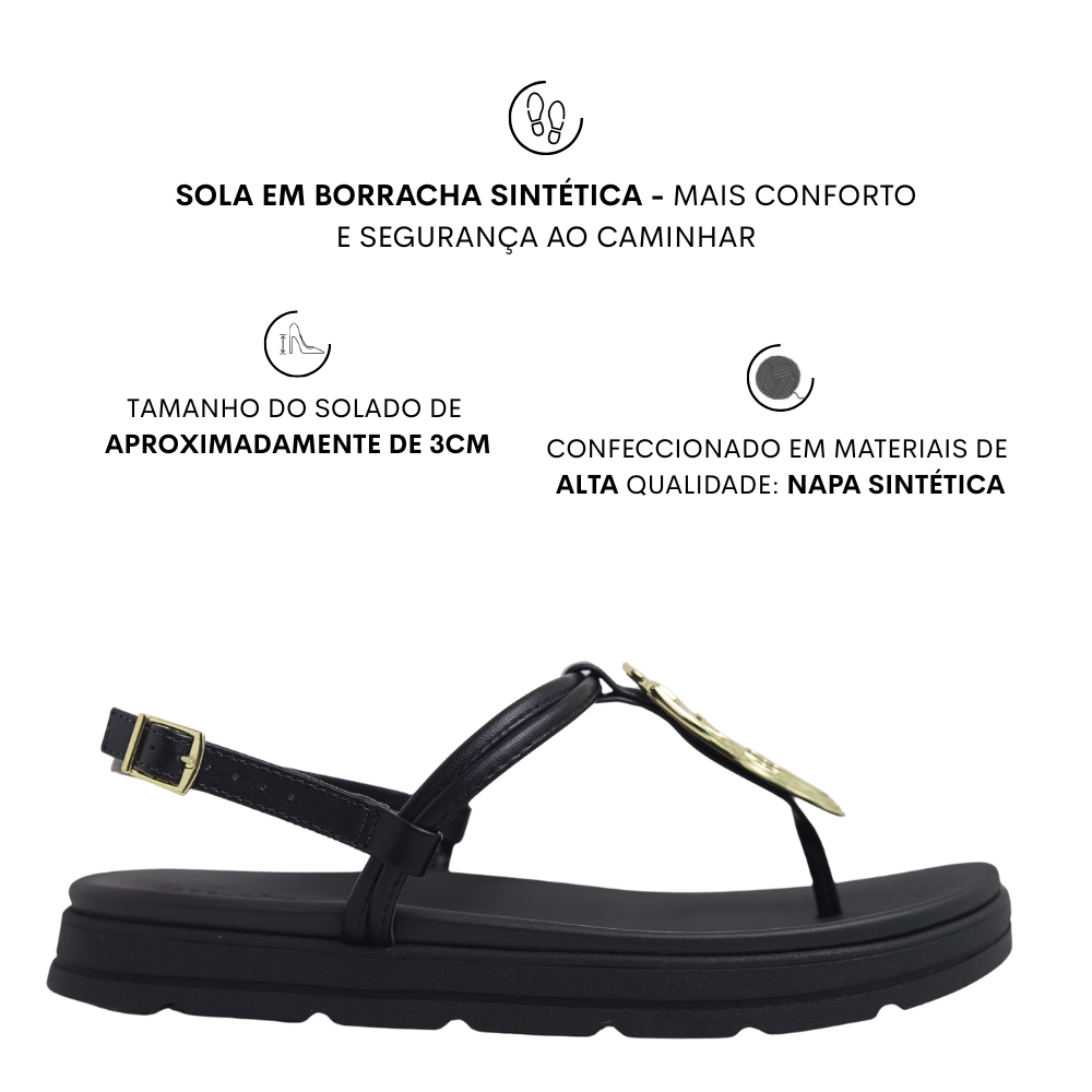 Sandália Flatform Detalhe Dourado Feminino Moleca 5490.122 Preto 2