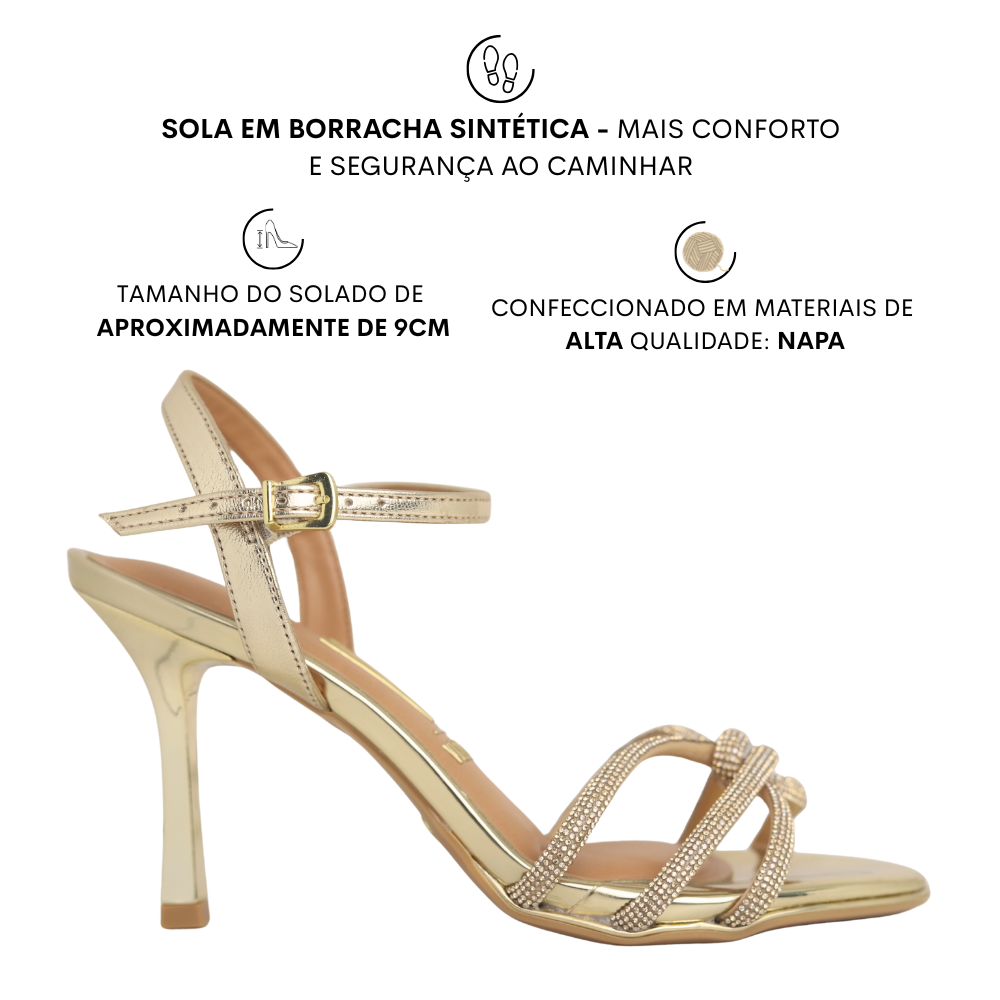 Sandália Salto Fino Com Strass Feminina Vizzano  6552.203 Dourado 2