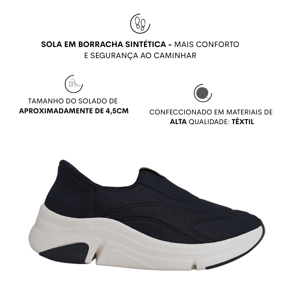 Tênis Feminino Slip On Calce Fácil Leve Ortopedico Modare Preto 2